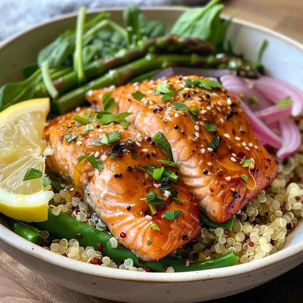 Close-up view of a Honey Dijon Salmon Quinoa Bowl featuring vibrant ingredients.