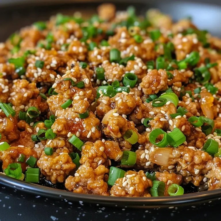 ['Close-up of a serving of honey garlic ground turkey with chopped green onions on top.', 'Side view of a plate featuring juicy honey garlic ground turkey garnished with red pepper flakes.', 'Detailed image of ground turkey dish glistening with honey garlic sauce, showcasing its texture.', 'Juicy honey garlic ground turkey dish served in a bowl, accentuated by fresh green onions.']