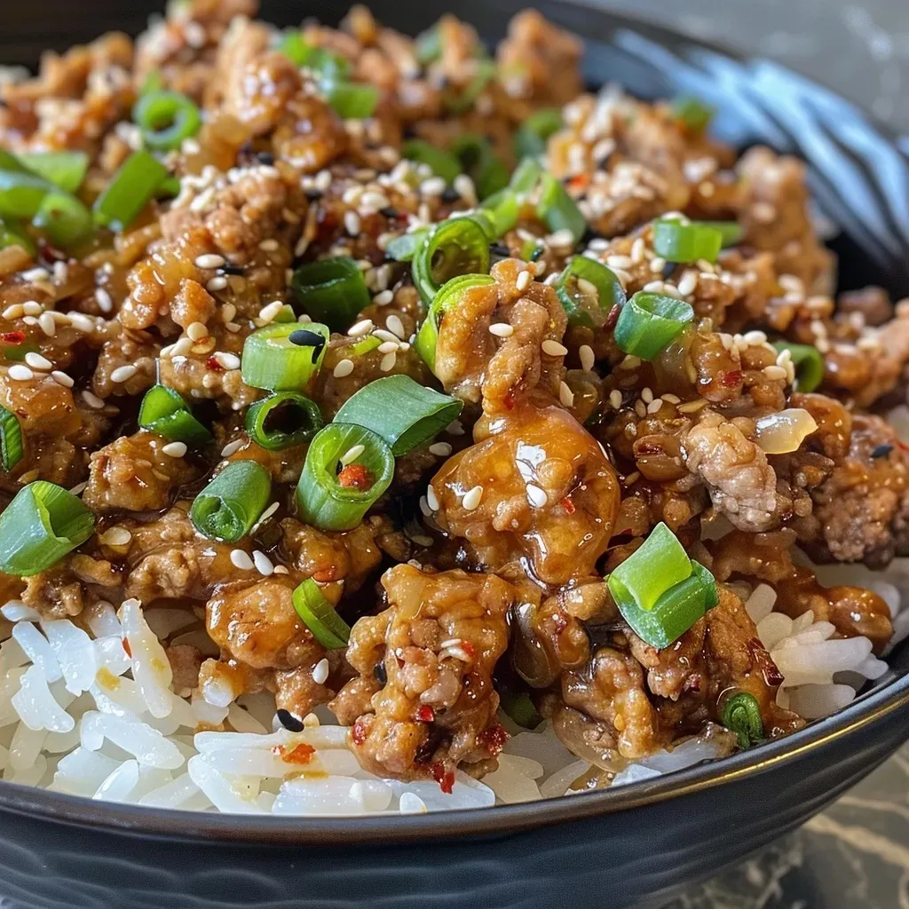 ['Close-up of a serving of honey garlic ground turkey with chopped green onions on top.', 'Side view of a plate featuring juicy honey garlic ground turkey garnished with red pepper flakes.', 'Detailed image of ground turkey dish glistening with honey garlic sauce, showcasing its texture.', 'Juicy honey garlic ground turkey dish served in a bowl, accentuated by fresh green onions.']