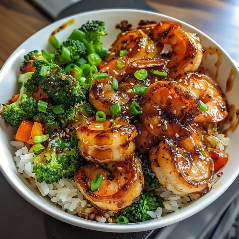 ['Close-up of a honey garlic shrimp bowl with colorful vegetables and rice.', 'Juicy shrimp glazed with honey garlic sauce served in a bowl with mixed veggies.', 'A side view of a honey garlic shrimp bowl featuring shrimp, rice, and vibrant vegetables.', 'Delicious honey garlic shrimp served on a bed of rice with garnished green onions.']
