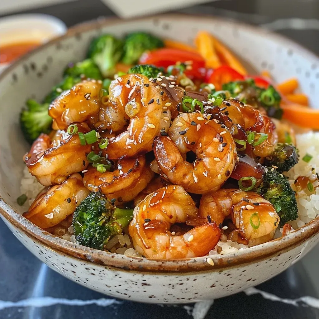 Close-up of a honey garlic shrimp bowl with colorful vegetables and rice.