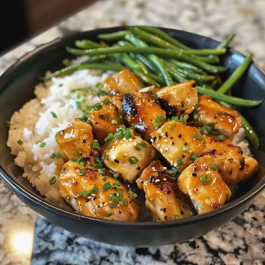 ['Close-up of a colorful Honey Mustard Chicken Bowl featuring juicy chicken chunks, green beans, and fluffy jasmine rice.', 'Side view of a delicious Honey Mustard Chicken Bowl with golden chicken pieces, vibrant green beans, and rice on a wooden table.', 'Detailed shot of Honey Mustard Chicken Bowl showcasing tender chicken, fresh green beans, and jasmine rice in a rustic bowl.', 'Close-up of a vibrant Honey Mustard Chicken Bowl filled with marinated chicken, green beans, and white rice, garnished with herbs.']