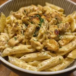 ['Close-up view of Honey Mustard Chicken Pasta with penne, diced chicken, and creamy sauce.', 'Juicy Honey Mustard Chicken Pasta on a plate showcasing penne and chicken.', 'Side view of a delicious serving of Honey Mustard Chicken Pasta, highlighting creamy textures.', 'Delicious plate of Honey Mustard Chicken Pasta featuring tender chicken and penne.']
