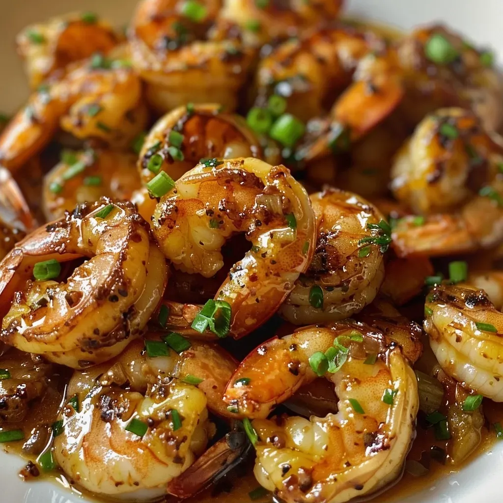 Close-up view of glossy honey mustard garlic shrimp on a plate.