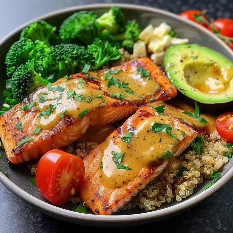 ['Juicy Honey Mustard Salmon fillet with a golden glaze, garnished with herbs.', 'Close-up side view of cooked salmon topped with honey mustard sauce and lemon wedges.', 'A beautifully plated Honey Mustard Salmon with broccoli and a sprinkle of Parmesan.', 'Skin-on salmon fillet coated in honey mustard, surrounded by fresh vegetables on a plate.']