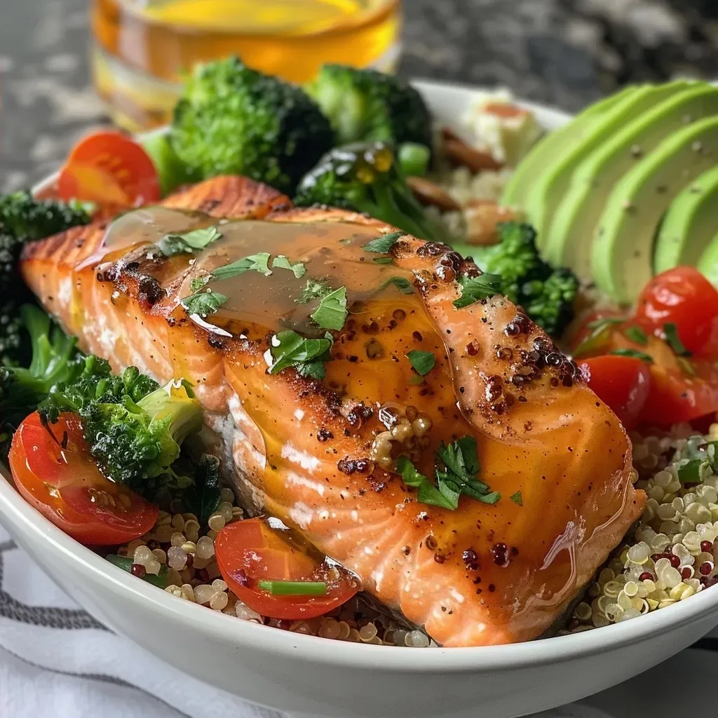 Juicy Honey Mustard Salmon fillets garnished with parsley on a white plate.