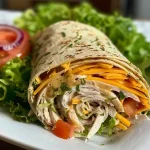 ['A delicious honey mustard turkey wrap with vibrant colors and ingredients visible in a close-up view.', 'Side view of a juicy turkey wrap, showcasing layers of turkey, lettuce, and tomato drizzled with honey mustard.', 'Close-up image of a honey mustard turkey wrap, highlighting the fresh vegetables and creamy sauce inside a tortilla.', 'A mouth-watering turkey wrap filled with lettuce, tomato, and cheese, presented in a close-up view.']