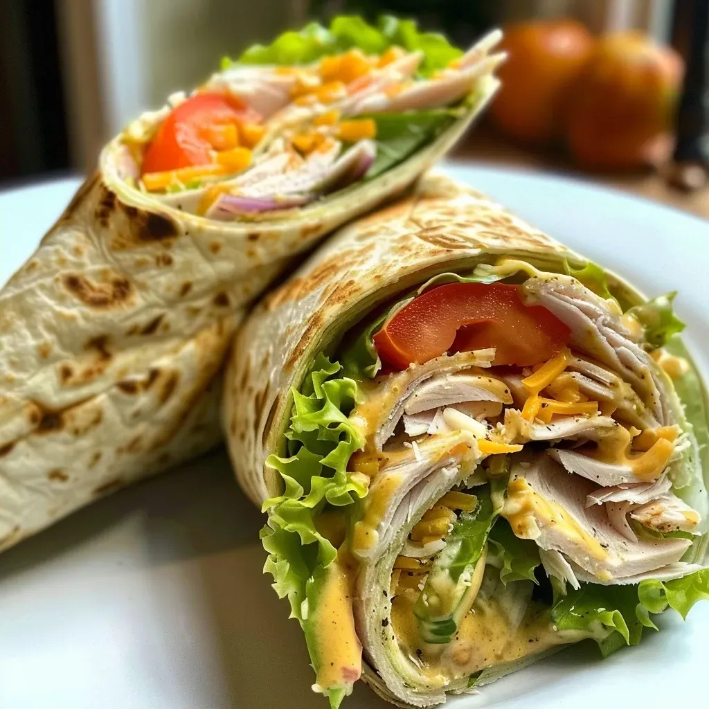 ['A delicious honey mustard turkey wrap with vibrant colors and ingredients visible in a close-up view.', 'Side view of a juicy turkey wrap, showcasing layers of turkey, lettuce, and tomato drizzled with honey mustard.', 'Close-up image of a honey mustard turkey wrap, highlighting the fresh vegetables and creamy sauce inside a tortilla.', 'A mouth-watering turkey wrap filled with lettuce, tomato, and cheese, presented in a close-up view.']