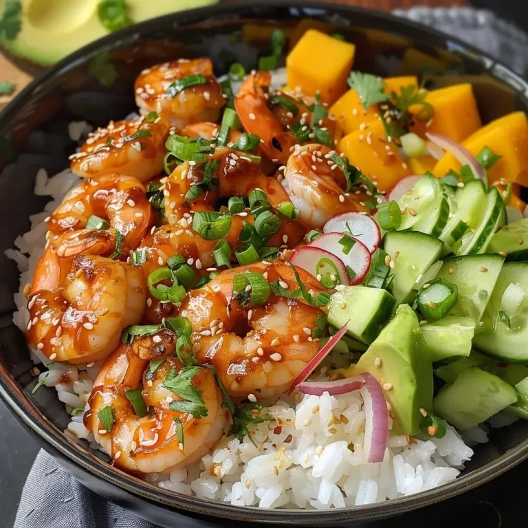 ['Close-up view of vibrant Hot Honey Shrimp Bowl with colorful ingredients.', 'Juicy shrimp glistening with hot honey sauce, surrounded by fresh vegetables.', 'A side view of a delicious Hot Honey Shrimp Bowl featuring shrimp, mango, and avocado.', 'An enticing bowl filled with shrimp, mango, and cucumber dressed in sauces.']