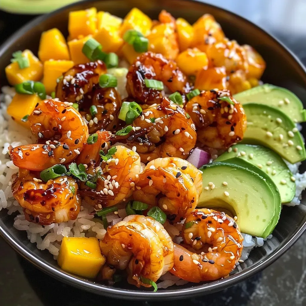 Close-up view of vibrant Hot Honey Shrimp Bowl with colorful ingredients.