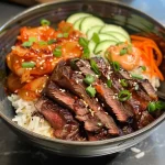 ['Close-up view of Korean BBQ steak rice bowl with colorful toppings.', 'Juicy slices of steak on rice with vibrant vegetables and spicy sauce.', 'Side view of a Korean BBQ steak bowl served with kimchi and drizzled sauce.', 'Dish showcasing rice topped with tender steak and garnished with green onions.']