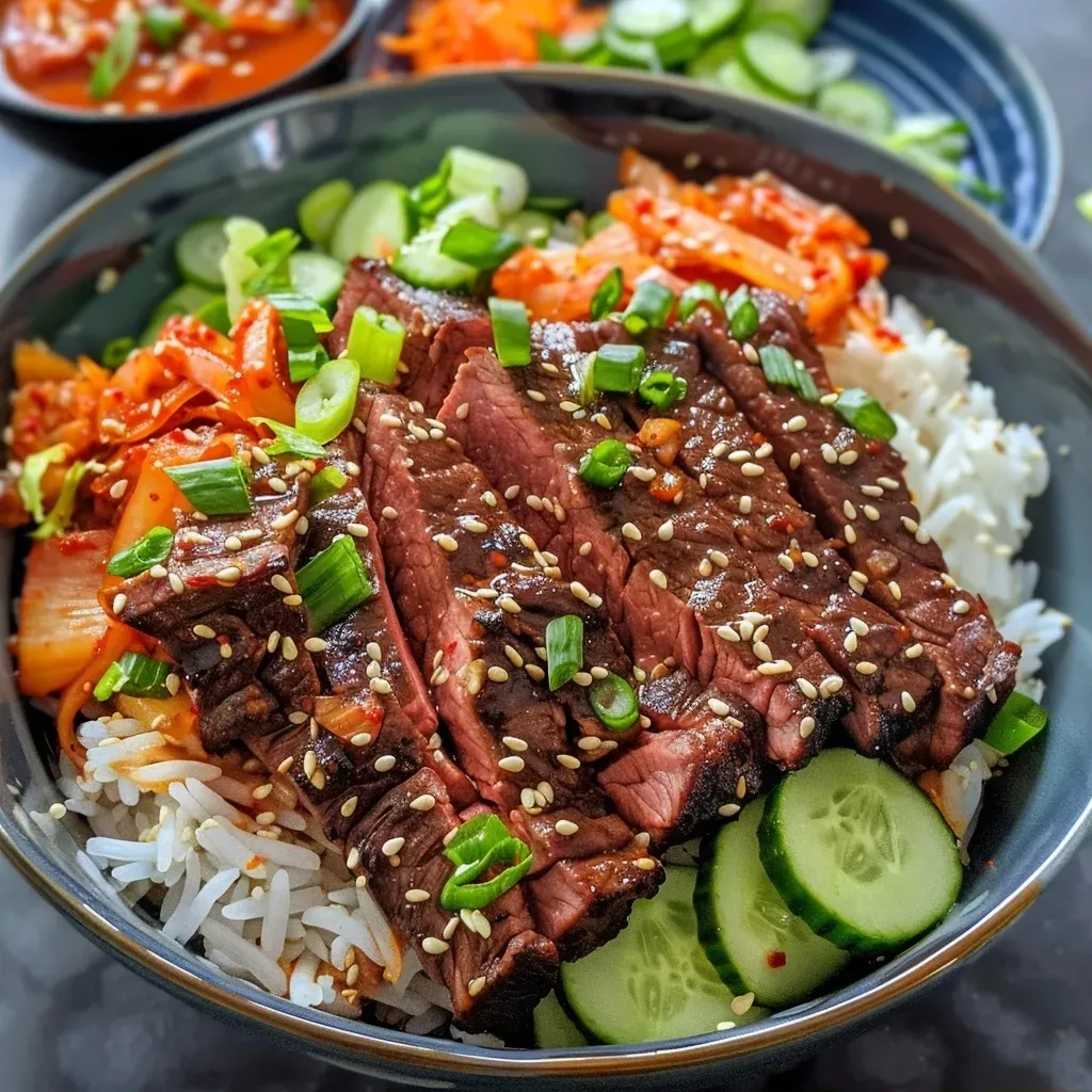 Close-up view of Korean BBQ steak rice bowl with colorful toppings.