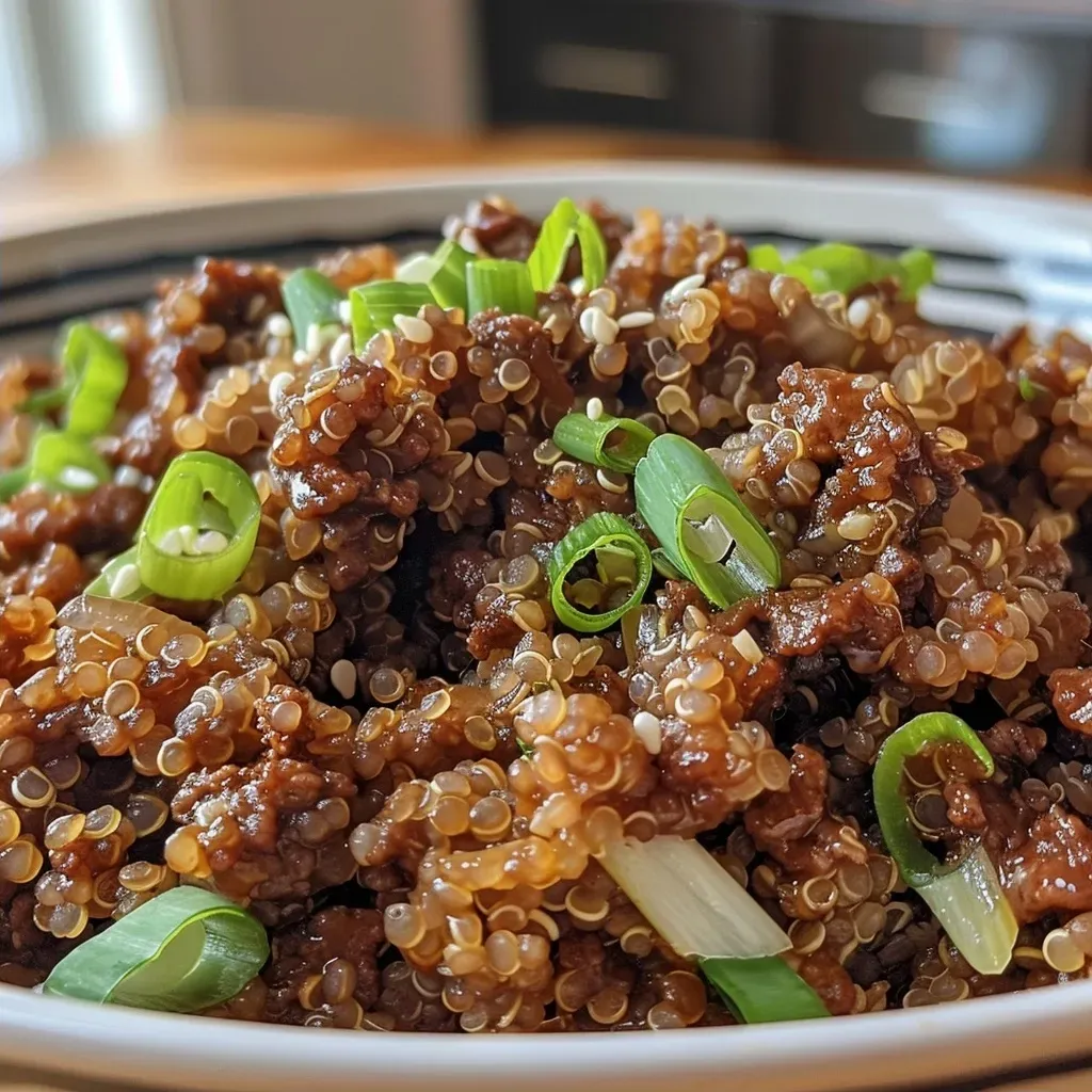 ['Close-up view of a vibrant Korean Beef and Quinoa Bowl garnished with green onions.', 'Juicy Korean Beef served with quinoa and colorful toppings in a rustic bowl.', 'Side view of a delicious Korean dish featuring ground beef and quinoa with spices.', 'A hearty meal of Korean Beef and Quinoa presented in a textured bowl with visible ingredients.']