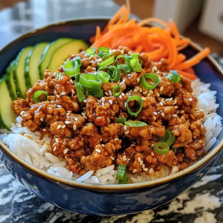 ['Close-up view of a colorful Korean Ground Turkey Rice Bowl with fresh ingredients.', 'Side perspective of a delicious Korean Rice Bowl featuring ground turkey and vegetables.', 'Juicy Korean Ground Turkey Rice Bowl with sesame seeds and sliced green onions.', 'Vibrant Korean Ground Turkey Rice Bowl showcasing rice, ground turkey, and fresh veggies.']