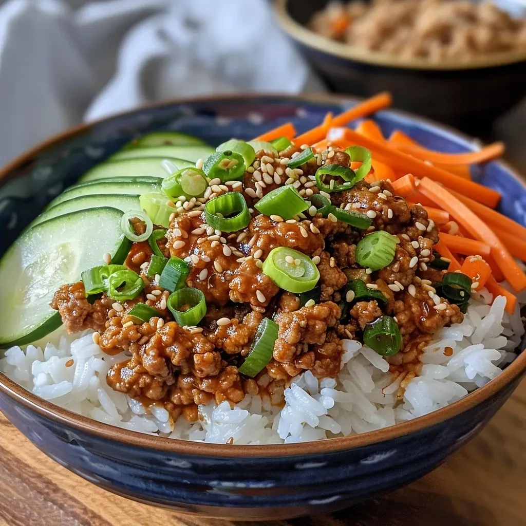 Close-up view of a colorful Korean Ground Turkey Rice Bowl with fresh ingredients.