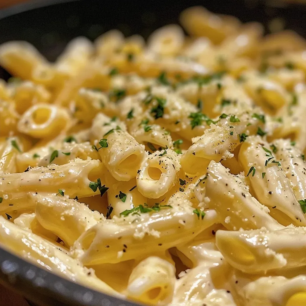 Close-up view of a creamy garlic pasta dish with melted cheese.