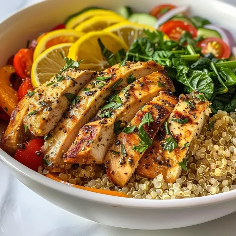 ['Close-up view of a vibrant Lemon Herb Chicken Quinoa Bowl with colorful veggies.', 'Side angle of a delicious Lemon Herb Chicken served over quinoa and fresh vegetables.', 'Juicy Lemon Herb Chicken resting atop a quinoa and vegetable mix in a bowl.', 'Tasty Lemon Herb Chicken and colorful vegetable quinoa bowl presented beautifully.']