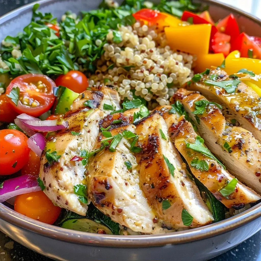 ['Close-up view of a vibrant Lemon Herb Chicken Quinoa Bowl with colorful veggies.', 'Side angle of a delicious Lemon Herb Chicken served over quinoa and fresh vegetables.', 'Juicy Lemon Herb Chicken resting atop a quinoa and vegetable mix in a bowl.', 'Tasty Lemon Herb Chicken and colorful vegetable quinoa bowl presented beautifully.']