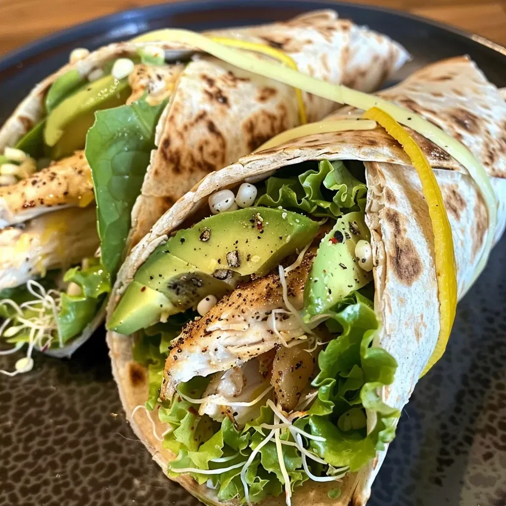 ['Close-up view of juicy Lemon Pepper Chicken Wraps with vibrant toppings.', 'Side-angle shot of Lemon Pepper Chicken Wraps showcasing fresh ingredients.', 'Detailed image of Lemon Pepper Chicken Wraps filled with chicken, cheese, and vegetables.', 'Appetizing photo of Lemon Pepper Chicken Wraps highlighting lemon zest and green sprouts.']