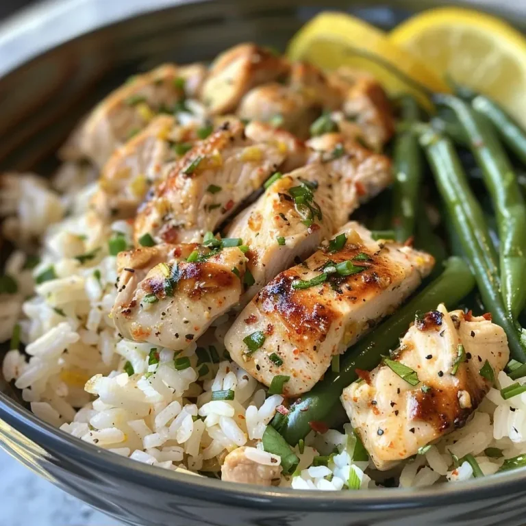 ['Close-up of a Lemon Pepper Turkey and Rice Bowl with green beans on the side.', 'Side view of a bowl featuring lemon pepper turkey, rice, and fresh green beans.', 'Juicy Lemon Pepper Turkey over rice with green beans, captured in a close-up shot.', 'A delicious bowl of Lemon Pepper Turkey and Rice with vibrant green beans.']