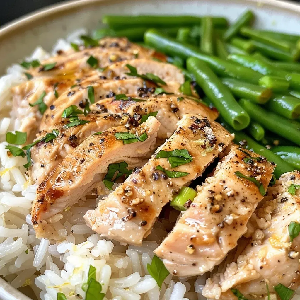 Close-up of a Lemon Pepper Turkey and Rice Bowl with green beans on the side.