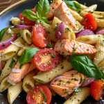 ['Close-up view of a vibrant Lemon Salmon Pasta Salad featuring penne, cherry tomatoes, and fresh basil.', 'A detailed side shot of Lemon Salmon Pasta Salad with colorful ingredients like red onion and Parmesan cheese.', 'Juicy Lemon Salmon Pasta Salad showcasing a mix of fresh vegetables and herbs, all in a pasta bowl.', 'Close-up image of Lemon Salmon Pasta Salad highlighting succulent salmon, bright lemon slices, and pesto mix.']
