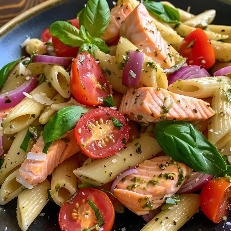 ['Close-up of Lemon Salmon Pasta Salad with colorful ingredients.', 'Side view of a bowl filled with Lemon Salmon Pasta Salad including salmon and cherry tomatoes.', 'Juicy Lemon Salmon Pasta Salad featuring penne, red onion, and fresh basil.', 'A vibrant serving of Lemon Salmon Pasta Salad showcasing lemon slices and grated parmesan.']
