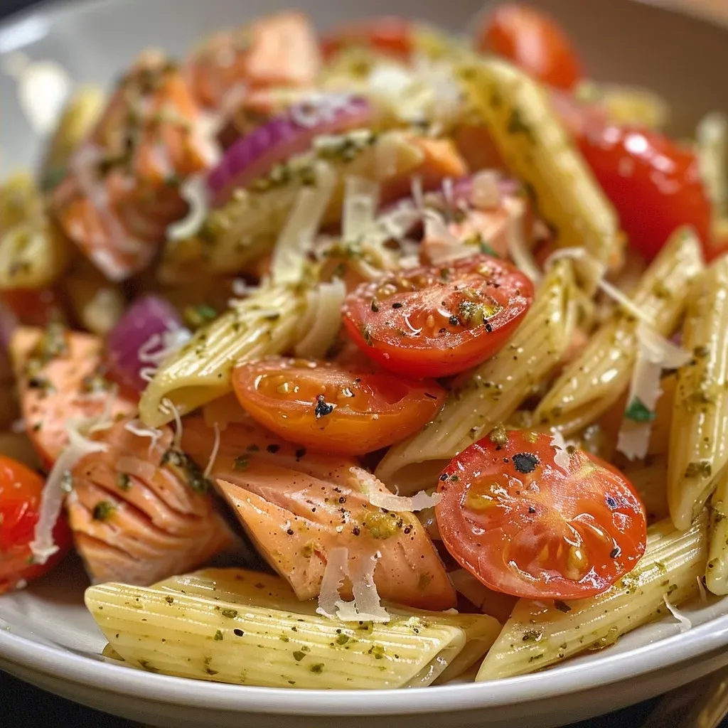 ['Close-up of Lemon Salmon Pasta Salad with colorful ingredients.', 'Side view of a bowl filled with Lemon Salmon Pasta Salad including salmon and cherry tomatoes.', 'Juicy Lemon Salmon Pasta Salad featuring penne, red onion, and fresh basil.', 'A vibrant serving of Lemon Salmon Pasta Salad showcasing lemon slices and grated parmesan.']