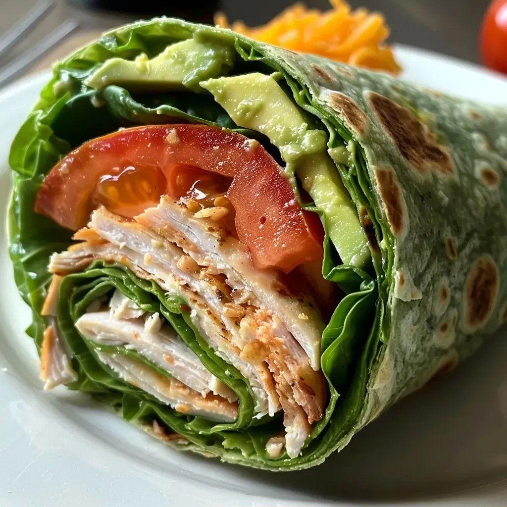 Close-up view of a turkey spinach wrap with avocado and tomato slices.