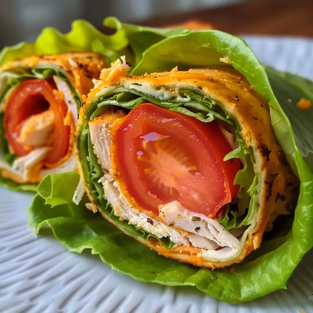 Close-up of a low carb turkey roll-up with lettuce and tomatoes.