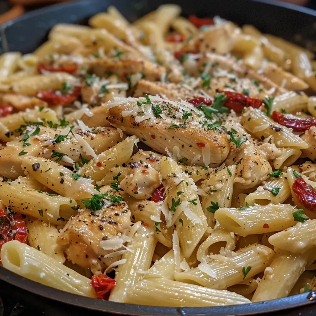 ['Close-up of Marry Me Chicken Pasta with creamy sauce and sun-dried tomatoes.', 'Side view of a bowl of Marry Me Chicken Pasta featuring chicken and herbs.', 'Juicy Marry Me Chicken Pasta dish showing penne and parmesan cheese.', 'Delicious serve of Marry Me Chicken Pasta garnished with parsley.']
