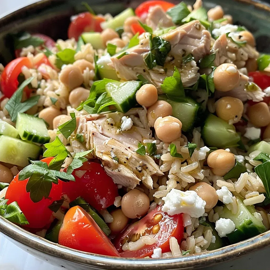 Close-up view of a Mediterranean Brown Rice and Tuna Bowl featuring colorful ingredients.