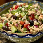 ['Close-up of a Mediterranean Chicken Salad featuring diced chicken, greens, and colorful vegetables.', 'Side view of a vibrant Mediterranean Chicken Salad with feta, olives, and a creamy dressing.', 'Detailed image of a Mediterranean Chicken Salad showing fresh ingredients like cucumbers and peppers.', 'Tasty Mediterranean Chicken Salad captured in a close-up shot, highlighting its colorful components.']