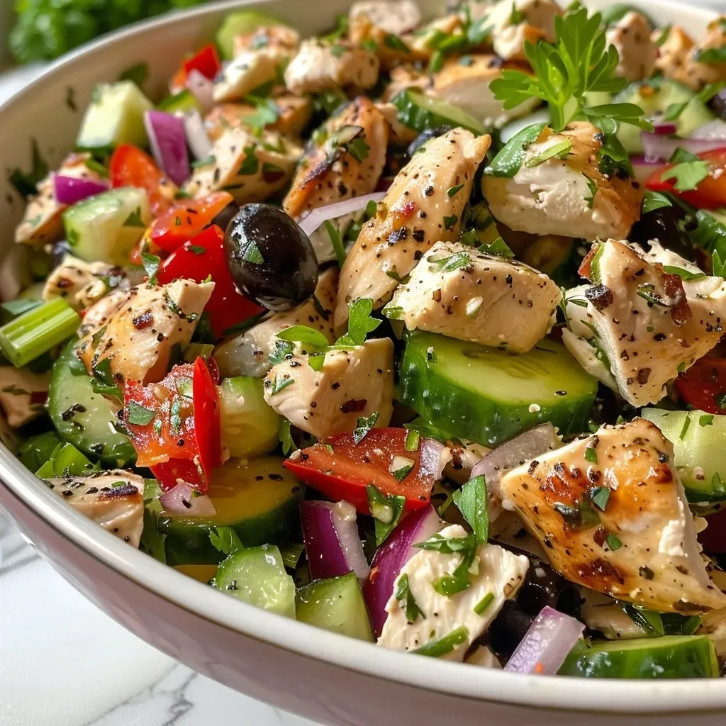 ['Close-up of a Mediterranean Chicken Salad featuring diced chicken, greens, and colorful vegetables.', 'Side view of a vibrant Mediterranean Chicken Salad with feta, olives, and a creamy dressing.', 'Detailed image of a Mediterranean Chicken Salad showing fresh ingredients like cucumbers and peppers.', 'Tasty Mediterranean Chicken Salad captured in a close-up shot, highlighting its colorful components.']