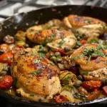 ['Juicy Mediterranean chicken skillet with artichokes and sun-dried tomatoes.', 'Close-up view of a colorful Mediterranean chicken dish in a skillet.', 'A vibrant skillet of Mediterranean chicken garnished with parsley and lemon.', 'Cooked chicken breasts with roasted artichokes and capers in a skillet.']