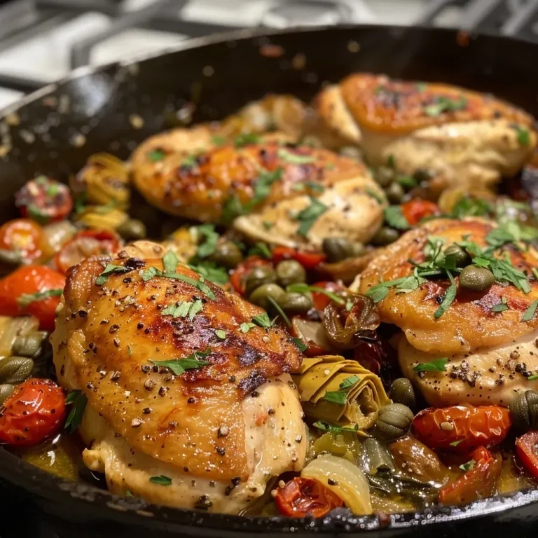 ['Juicy Mediterranean chicken skillet with artichokes and sun-dried tomatoes.', 'Close-up view of a colorful Mediterranean chicken dish in a skillet.', 'A vibrant skillet of Mediterranean chicken garnished with parsley and lemon.', 'Cooked chicken breasts with roasted artichokes and capers in a skillet.']