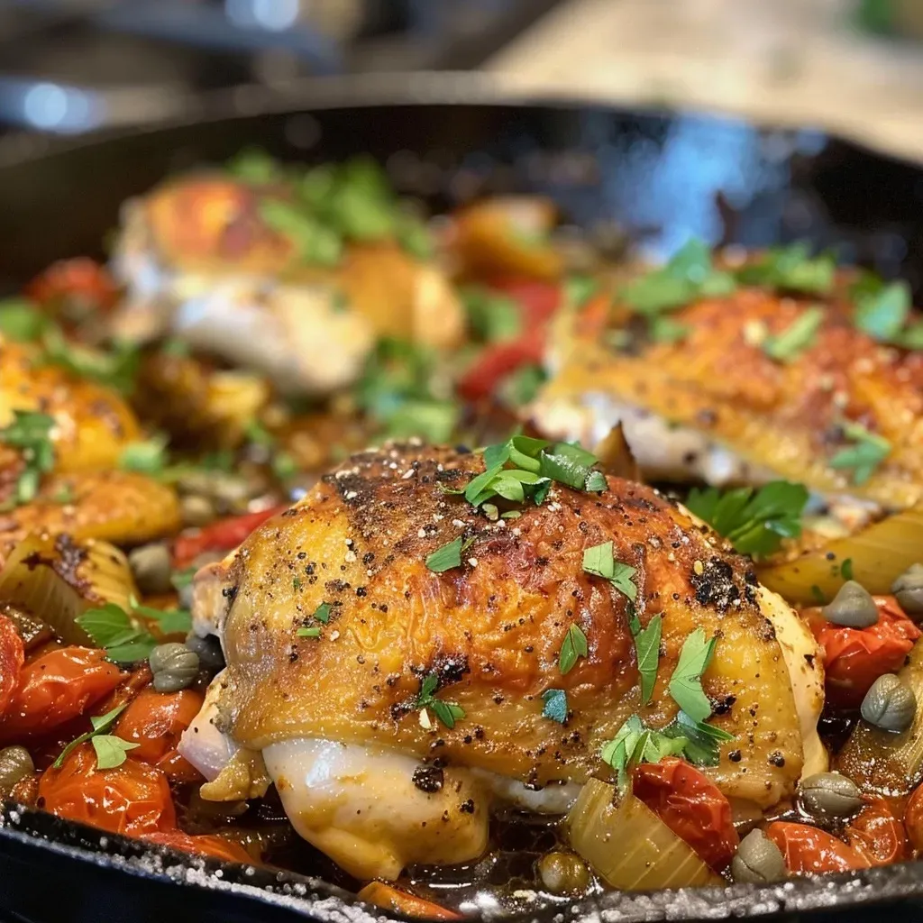['Juicy Mediterranean chicken skillet with artichokes and sun-dried tomatoes.', 'Close-up view of a colorful Mediterranean chicken dish in a skillet.', 'A vibrant skillet of Mediterranean chicken garnished with parsley and lemon.', 'Cooked chicken breasts with roasted artichokes and capers in a skillet.']