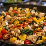 ['Close-up of a Mediterranean chicken stir fry with colorful vegetables.', 'Juicy chicken pieces surrounded by fresh spinach, tomatoes, and bell pepper.', 'Vibrant stir fry featuring chicken, cherry tomatoes, and yellow squash in a bowl.', 'Side view of a delicious stir fry with chicken and a medley of vegetables.']