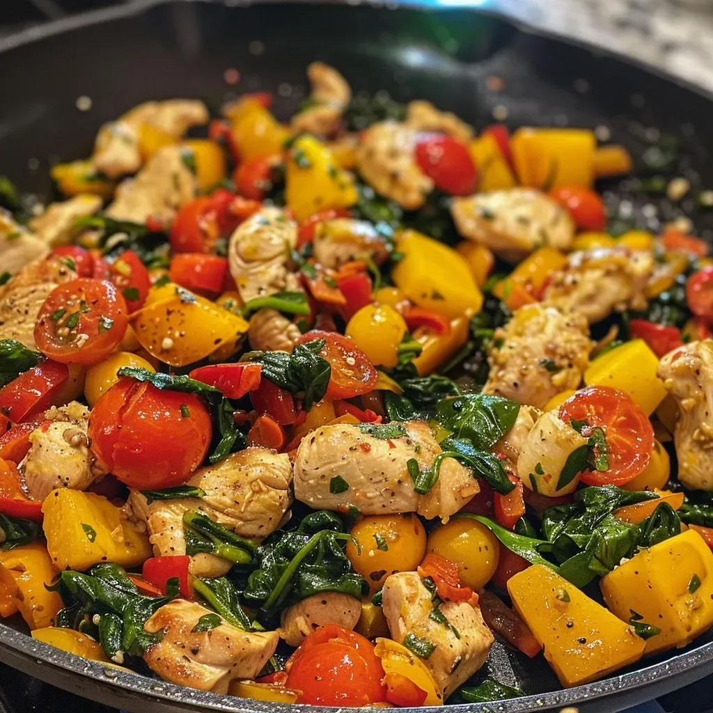 ['Juicy Mediterranean Chicken Stir Fry with vibrant bell peppers and cherry tomatoes.', 'Close up of colorful Mediterranean Chicken Stir Fry featuring sliced chicken and zucchini.', 'Plate of Mediterranean Chicken Stir Fry showcasing fresh vegetables and chicken pieces.', 'Side view of Mediterranean Chicken Stir Fry highlighting the juicy chicken and herbs.']