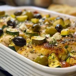 ['Close-up view of Mediterranean Chicken Zucchini Bake with chicken, zucchini, olives, and feta visible.', 'Side view of a baked dish featuring chicken and zucchini, garnished with olives and crumbled feta cheese.', 'Juicy Mediterranean Chicken Zucchini Bake showcasing tender chicken, sliced zucchini, olives, and feta on top.', 'Colorful close-up of a chicken and zucchini bake highlighting Mediterranean ingredients like olives and feta.']