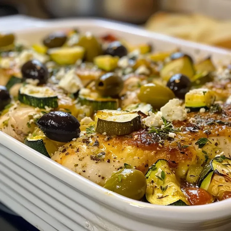 ['Close-up view of Mediterranean Chicken Zucchini Bake with chicken, zucchini, olives, and feta visible.', 'Side view of a baked dish featuring chicken and zucchini, garnished with olives and crumbled feta cheese.', 'Juicy Mediterranean Chicken Zucchini Bake showcasing tender chicken, sliced zucchini, olives, and feta on top.', 'Colorful close-up of a chicken and zucchini bake highlighting Mediterranean ingredients like olives and feta.']