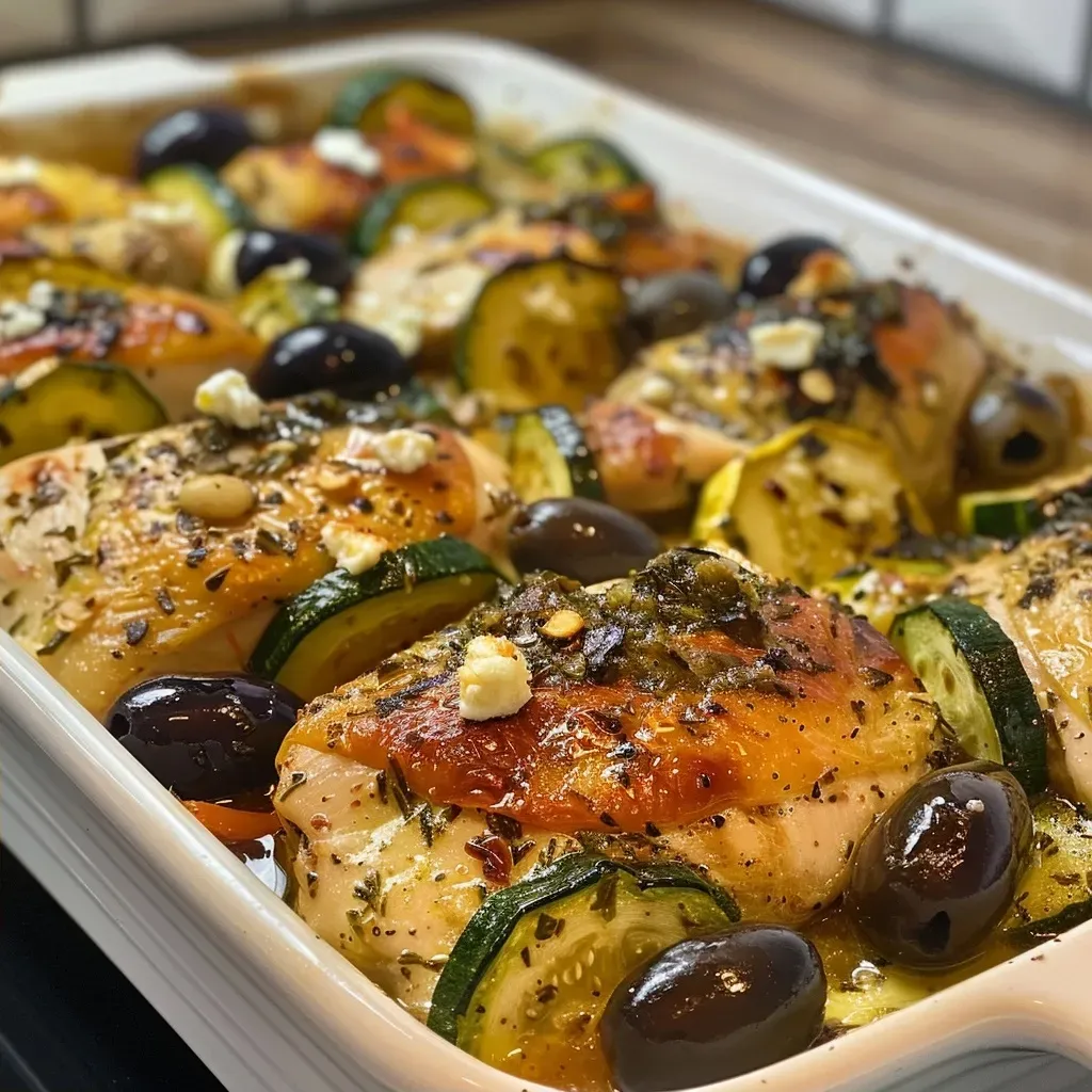 ['Close-up view of Mediterranean Chicken Zucchini Bake with chicken, zucchini, olives, and feta visible.', 'Side view of a baked dish featuring chicken and zucchini, garnished with olives and crumbled feta cheese.', 'Juicy Mediterranean Chicken Zucchini Bake showcasing tender chicken, sliced zucchini, olives, and feta on top.', 'Colorful close-up of a chicken and zucchini bake highlighting Mediterranean ingredients like olives and feta.']