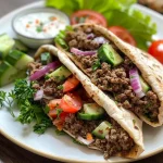 ['Close-up side view of a Mediterranean Ground Beef Pita Wrap filled with beef and fresh vegetables.', 'Juicy Mediterranean Ground Beef Pita Wrap with vibrant veggies and creamy sauce, showcased from the side.', 'A deliciously packed pita wrap featuring ground beef, lettuce, and tomatoes, photographed at a slight angle.', 'Side view of a hearty Mediterranean Ground Beef Pita Wrap, showcasing its colorful fillings and fresh ingredients.']