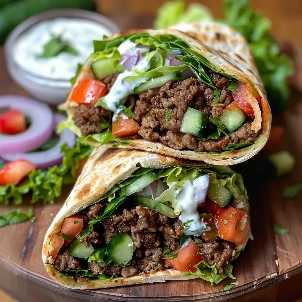 ['Close-up side view of a Mediterranean Ground Beef Pita Wrap filled with beef and fresh vegetables.', 'Juicy Mediterranean Ground Beef Pita Wrap with vibrant veggies and creamy sauce, showcased from the side.', 'A deliciously packed pita wrap featuring ground beef, lettuce, and tomatoes, photographed at a slight angle.', 'Side view of a hearty Mediterranean Ground Beef Pita Wrap, showcasing its colorful fillings and fresh ingredients.']