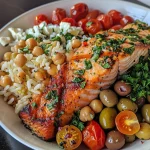 ['Close-up view of Mediterranean salmon fillet garnished with herbs and olives.', 'Juicy salmon with colorful cherry tomatoes and olives on a plate.', 'A vibrant one-pan meal featuring salmon, chickpeas, and feta cheese.', 'Freshly cooked Mediterranean salmon surrounded by rice and vegetables.']