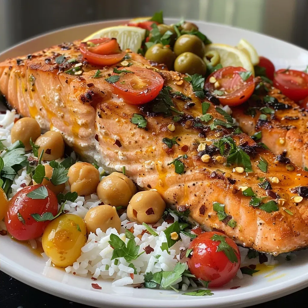 Close-up view of Mediterranean salmon fillet garnished with herbs and olives.