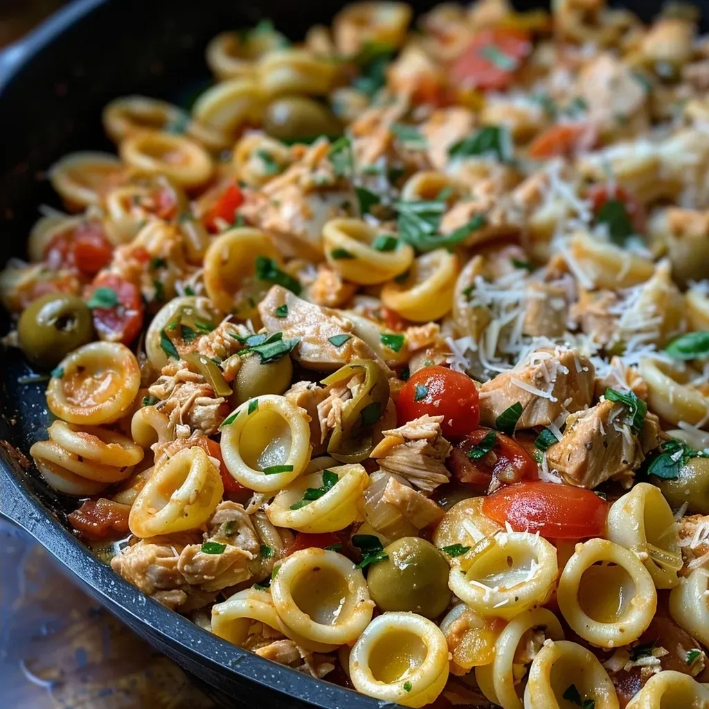 ['Close-up view of Mediterranean Tuna Pasta with spaghetti, tuna, arugula, and capers.', 'Side view of a plate of Mediterranean Tuna Pasta garnished with parsley and lemon zest.', 'Juicy Mediterranean Tuna Pasta featuring spaghetti, olives, and fresh herbs in a vibrant dish.', 'A delicious bowl of Mediterranean Tuna Pasta with a mix of colors and textures from the ingredients.']