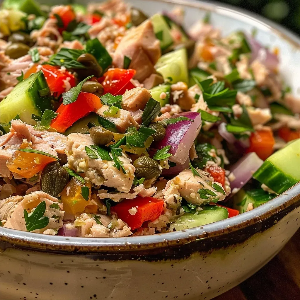 A vibrant Mediterranean Tuna Salad featuring colorful ingredients in a bowl.
