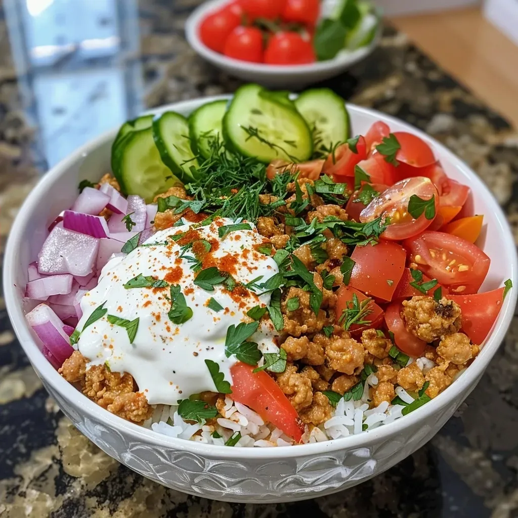 ['Close-up view of a Mediterranean Turkey Bowl filled with rice, turkey, and colorful vegetables.', 'Side view of a hearty Mediterranean Turkey Bowl showcasing layers of ingredients including turkey and fresh toppings.', 'Detailed shot of a Mediterranean Turkey Bowl featuring vibrant grape tomatoes, cucumbers, and herbs.', 'Beautifully arranged Mediterranean Turkey Bowl with ground turkey, rice, and a yogurt dressing.']
