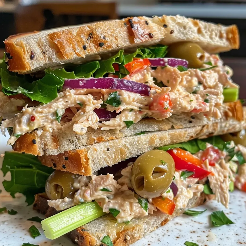 ['Close-up of a Mediterranean Turkey Salad Sandwich with vibrant ingredients.', 'Side view of a delicious Mediterranean Turkey Salad Sandwich featuring colorful toppings.', 'Juicy Mediterranean Turkey Salad Sandwich showcasing fresh vegetables and creamy dressing.', 'Detailed shot of a Mediterranean Turkey Salad Sandwich filled with turkey and olives.']